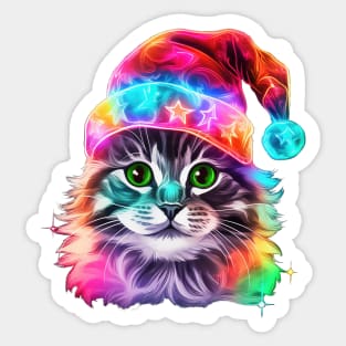 Bright Colorful Christmas Cat in a Santa Hat - Meowy Catmas Sticker